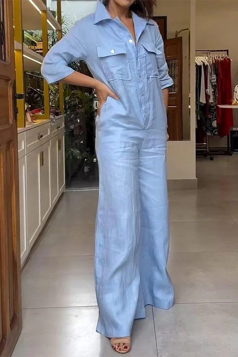 Casual Daily Solid Color Pocket Turndown Collar Loose Jumpsuits