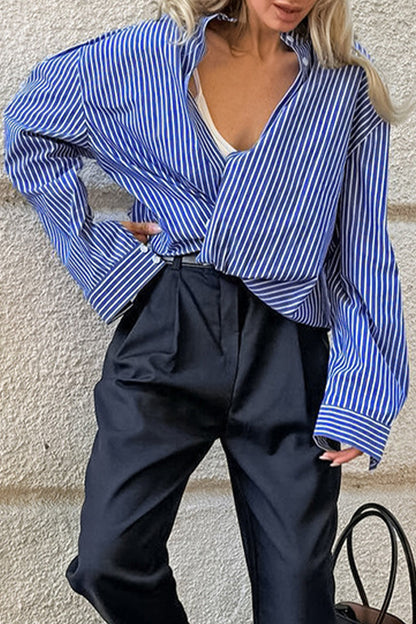 Casual Street Striped Print Buttons Turndown Collar Tops