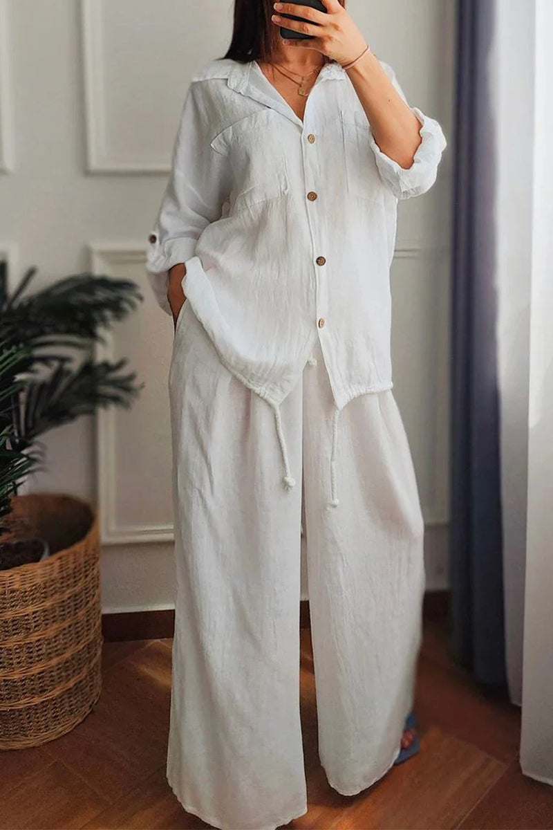 Casual Solid Color Draw String Buttons Turndown Collar Long Sleeve Two Pieces