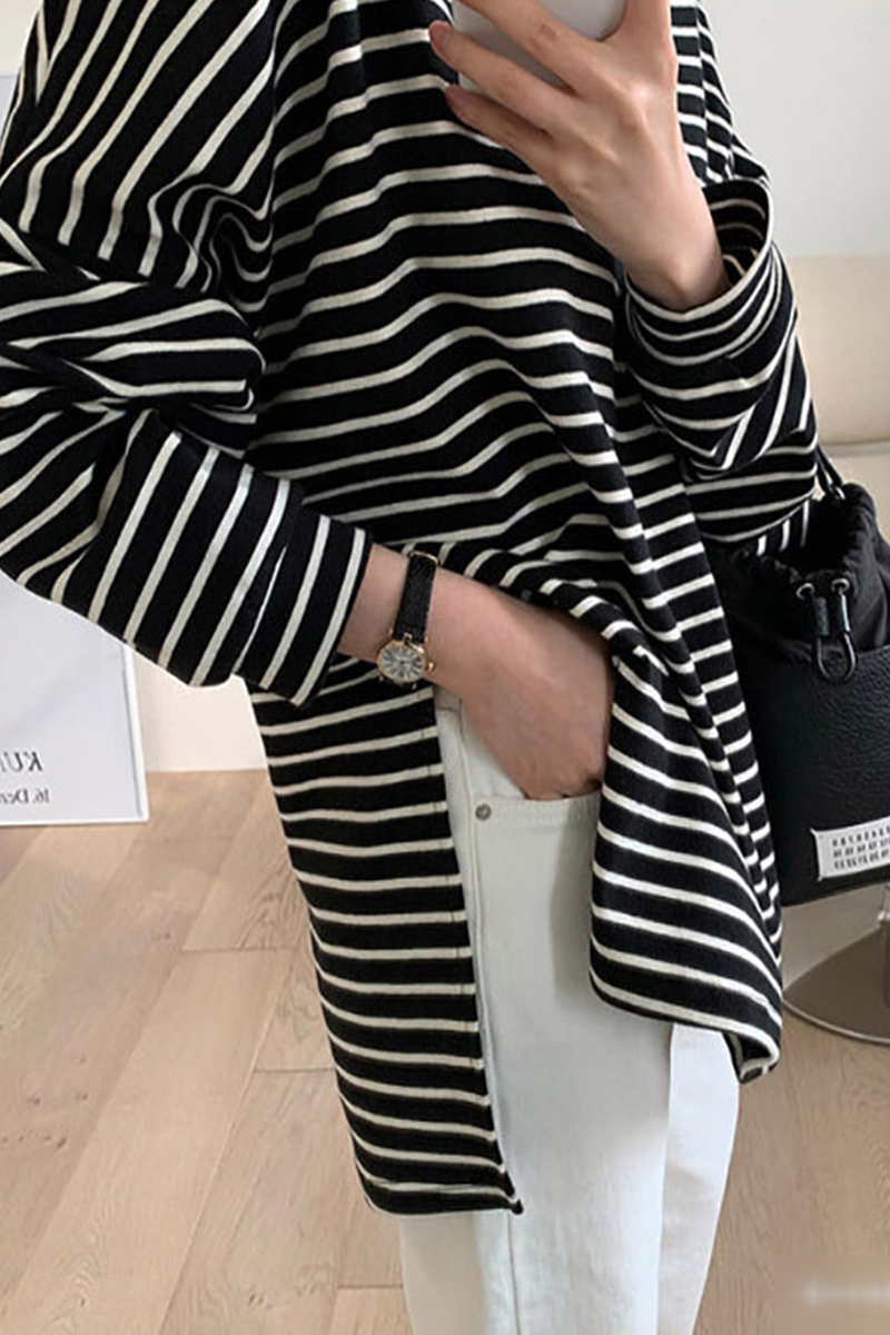 Casual Daily Striped Print Slit Contrast O Neck Tops