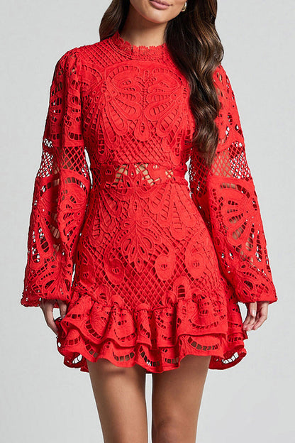 Sexy Solid Color Hollow Out Ruffle Mesh Mandarin Collar Lace Dress Dresses