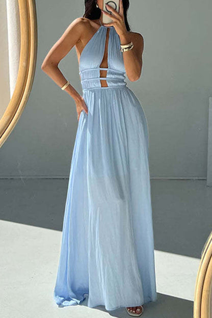 Casual Vacation Solid Color Hollow Out Backless Halter Long Dresses