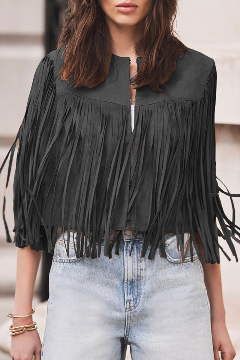 Casual Street Solid Color Fringed Trim O Neck Tops