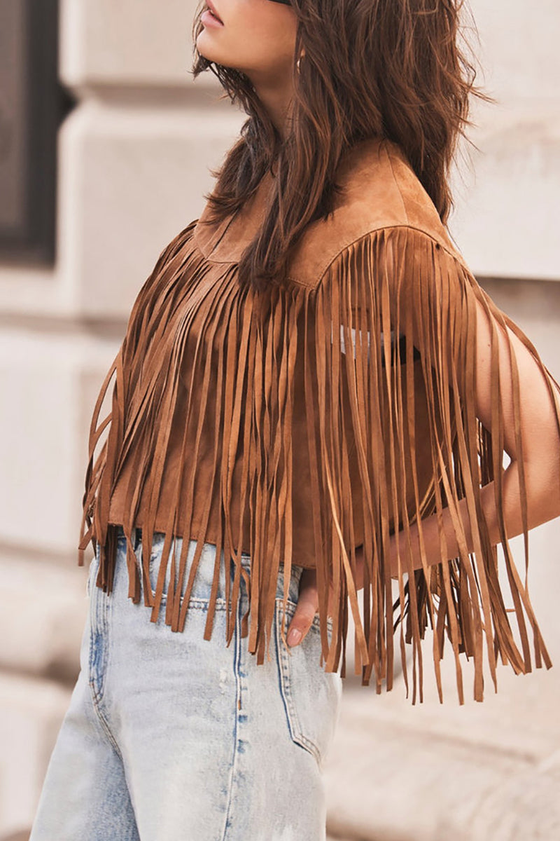 Casual Street Solid Color Fringed Trim O Neck Tops