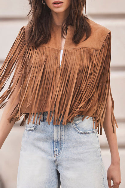 Casual Street Solid Color Fringed Trim O Neck Tops