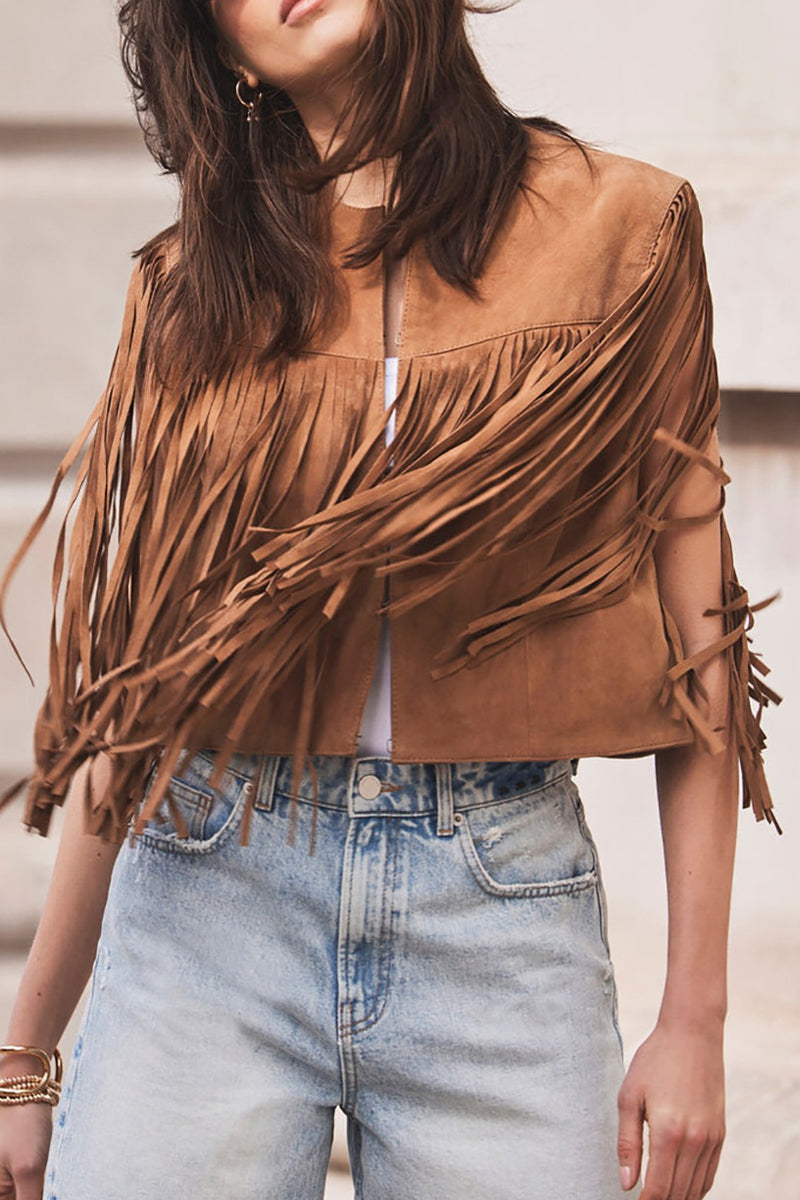 Casual Street Solid Color Fringed Trim O Neck Tops