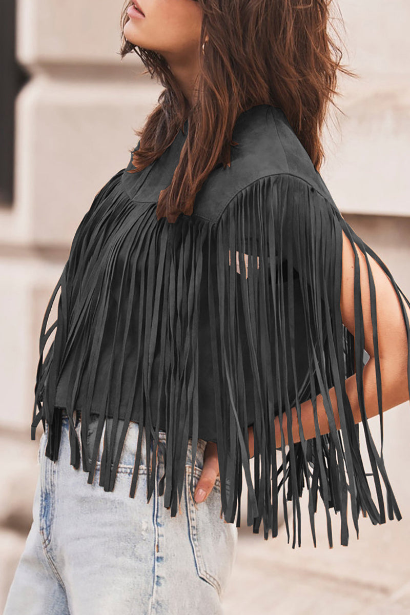 Casual Street Solid Color Fringed Trim O Neck Tops