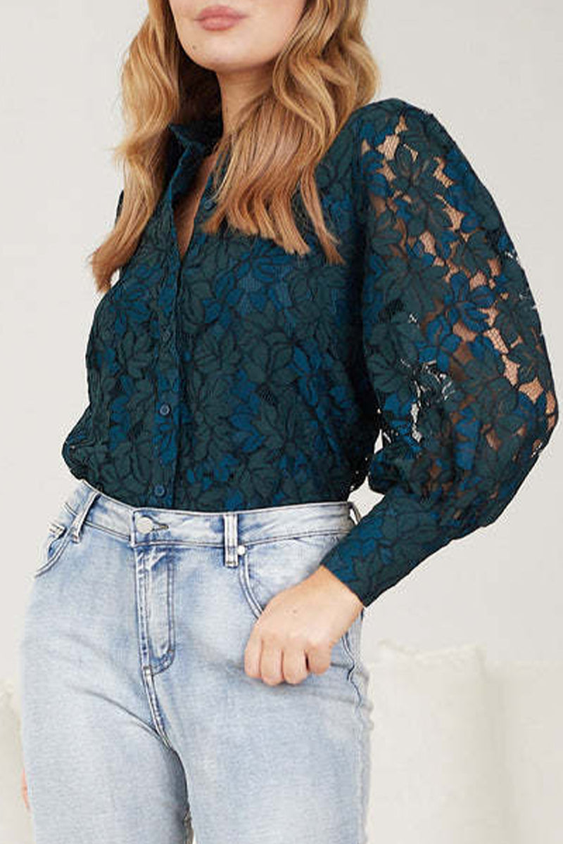 Sexy Solid Color Lace Hollow Out Turndown Collar Tops