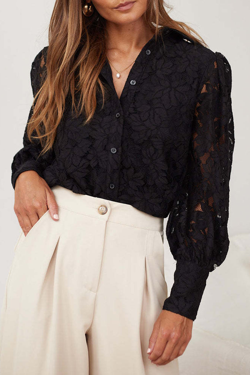 Sexy Solid Color Lace Hollow Out Turndown Collar Tops