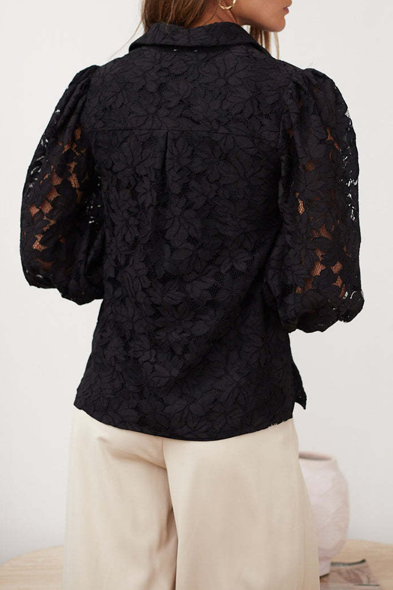 Sexy Solid Color Lace Hollow Out Turndown Collar Tops