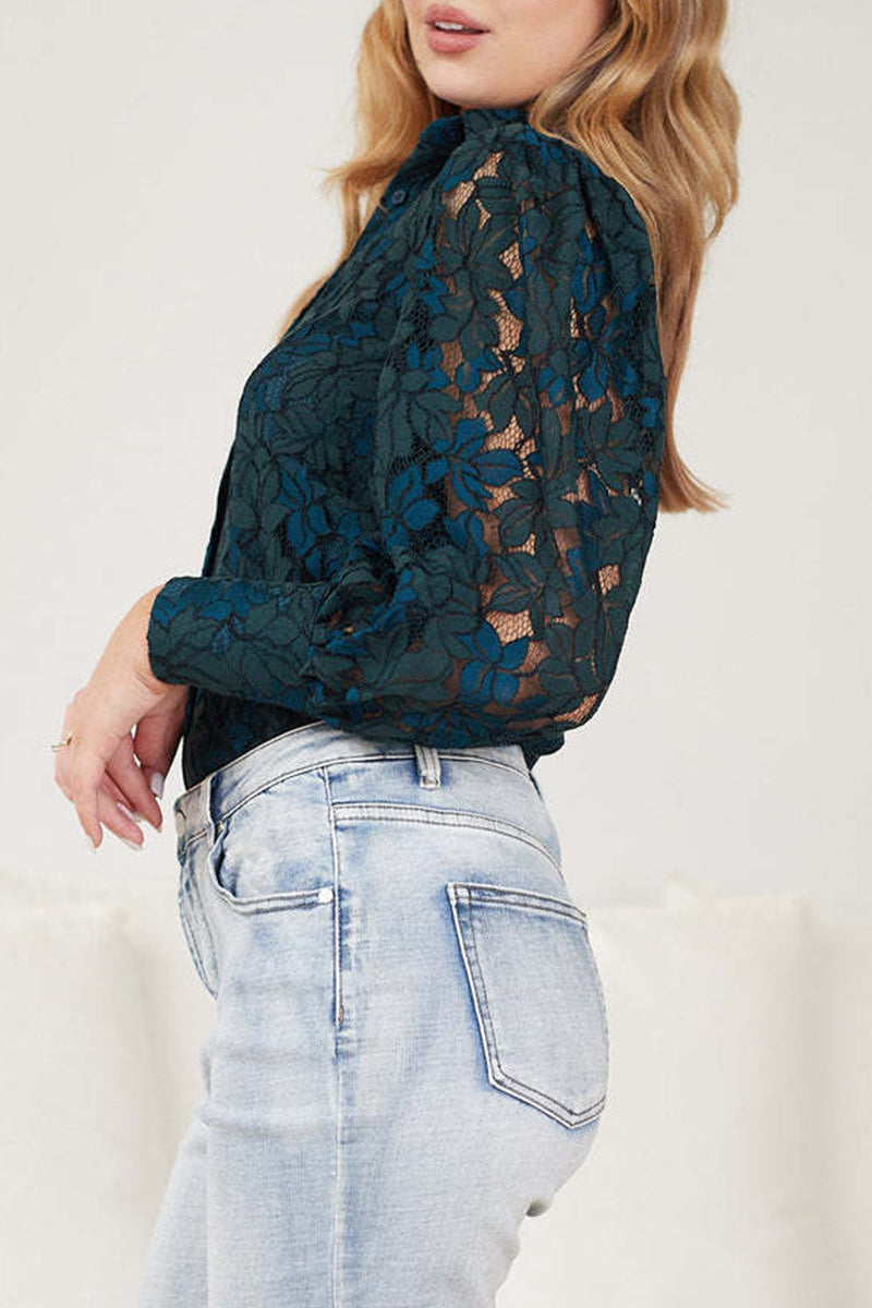 Sexy Solid Color Lace Hollow Out Turndown Collar Tops