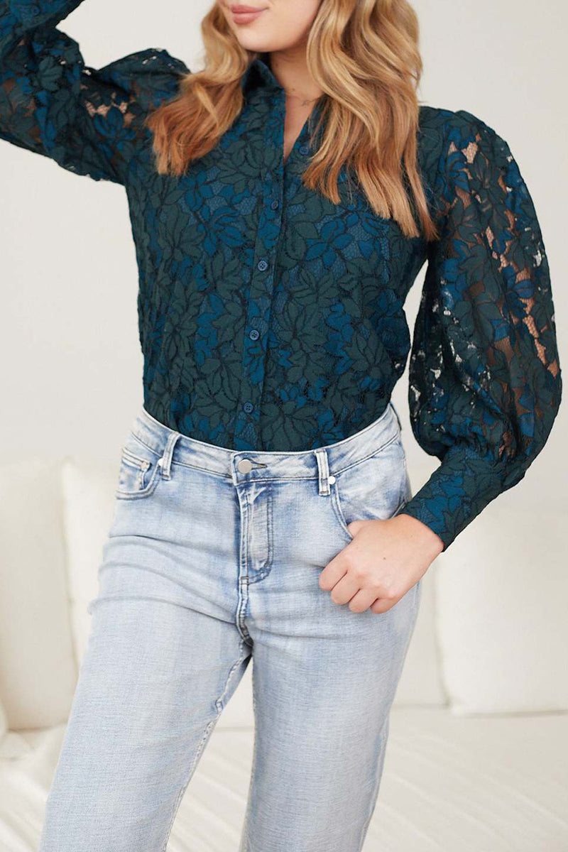 Sexy Solid Color Lace Hollow Out Turndown Collar Tops