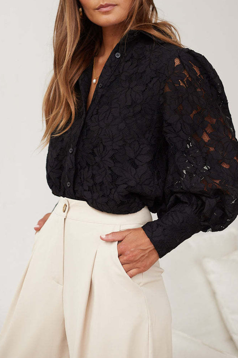 Sexy Solid Color Lace Hollow Out Turndown Collar Tops