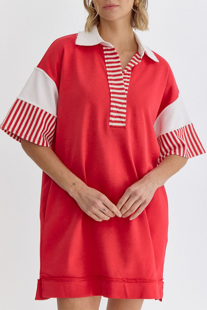 Casual Stripe Pocket Patchwork Turndown Collar Short Sleeve Short Sleeve Dress(5 Colors)