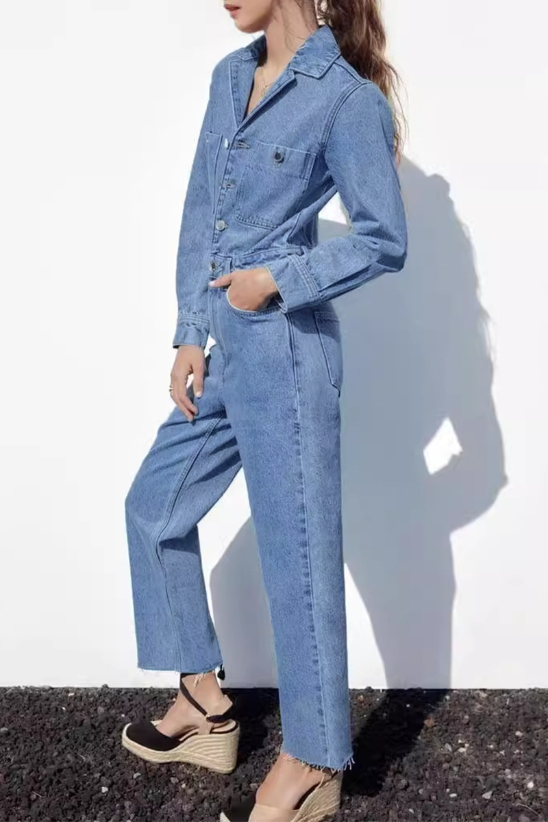 Casual Street Solid Color Pocket Buttons Turndown Collar Long Sleeve Loose Denim Jumpsuits