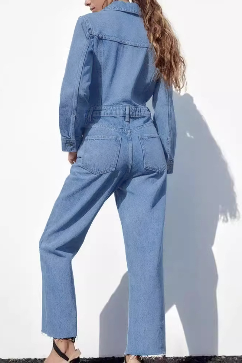 Casual Street Solid Color Pocket Buttons Turndown Collar Long Sleeve Loose Denim Jumpsuits