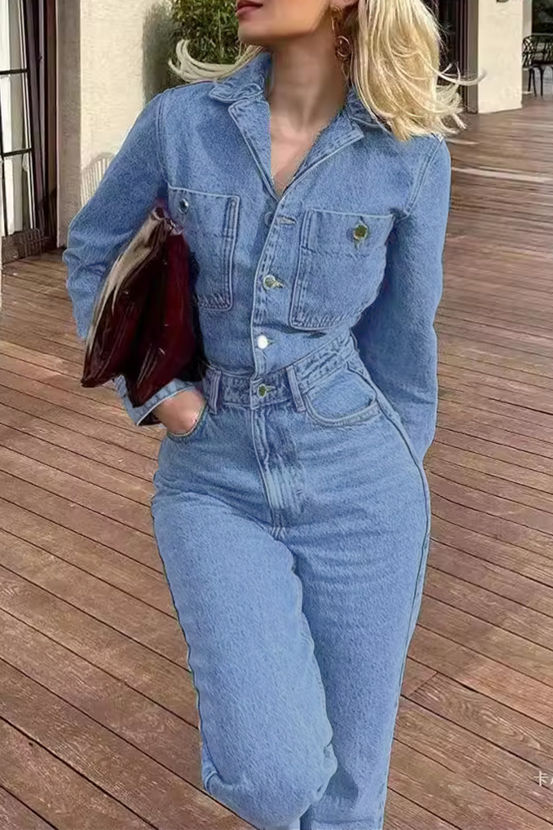 Casual Street Solid Color Pocket Buttons Turndown Collar Long Sleeve Loose Denim Jumpsuits