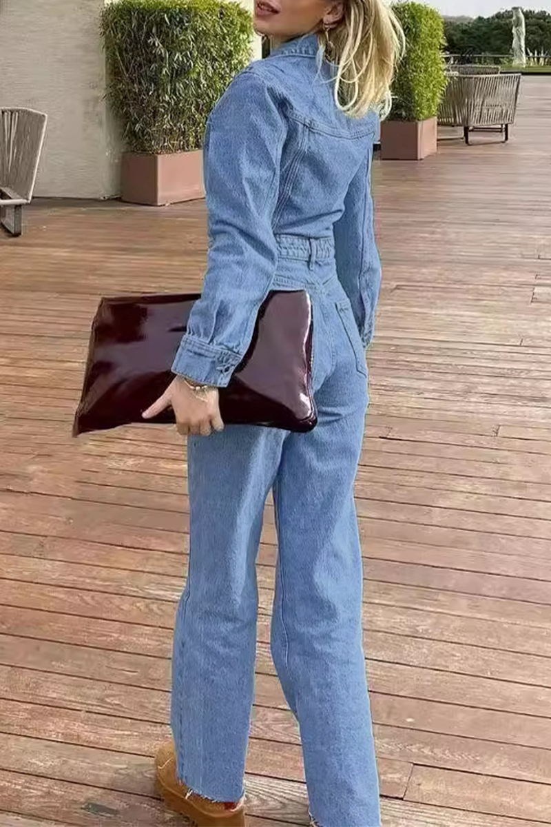 Casual Street Solid Color Pocket Buttons Turndown Collar Long Sleeve Loose Denim Jumpsuits