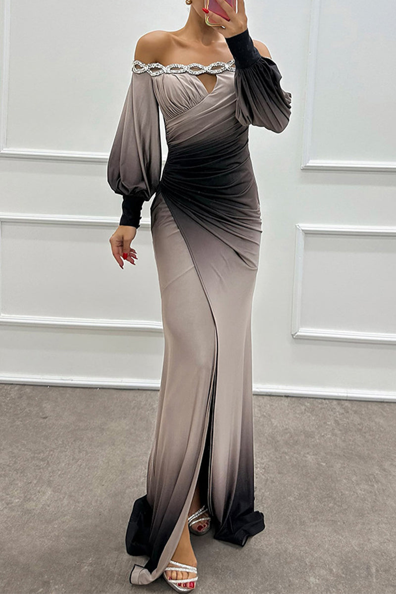 Sexy Prom Gradient Print Slit Ruched Contrast Off Shoulder Long Dresses