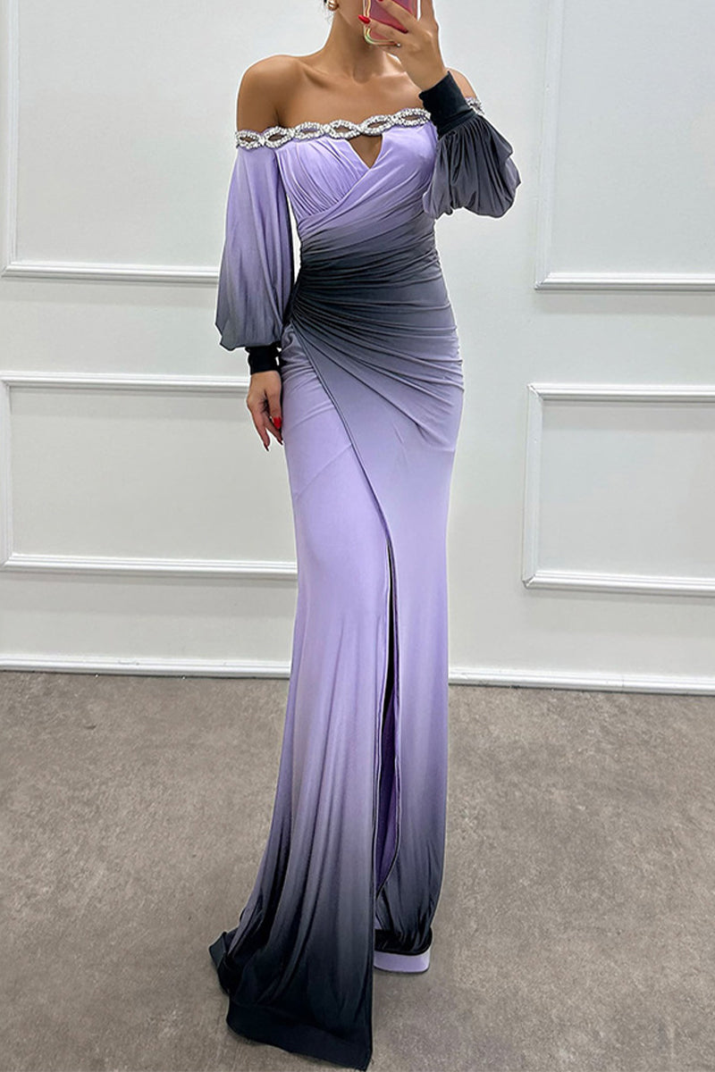 Sexy Prom Gradient Print Slit Ruched Contrast Off Shoulder Long Dresses