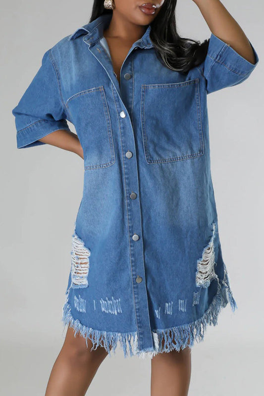 Street Fringed Trim Ripped Pocket Buckle Patchwork Turndown Collar Three Quarter Loose Denim Dresses