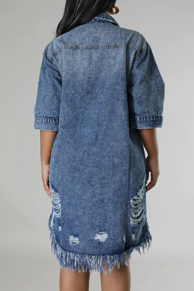 Street Solid Color Fringed Trim Ripped Pocket Buckle Patchwork Turndown Collar Three Quarter Loose Denim Dresses