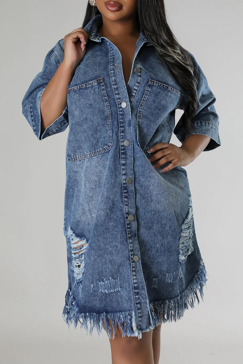 Street Solid Color Fringed Trim Ripped Pocket Buckle Patchwork Turndown Collar Three Quarter Loose Denim Dresses