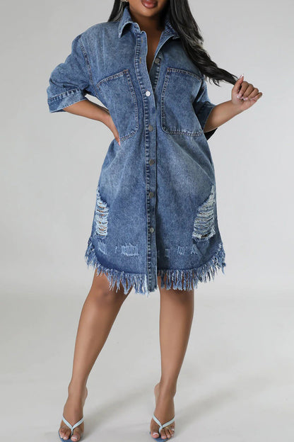 Street Solid Color Fringed Trim Ripped Pocket Buckle Patchwork Turndown Collar Three Quarter Loose Denim Dresses