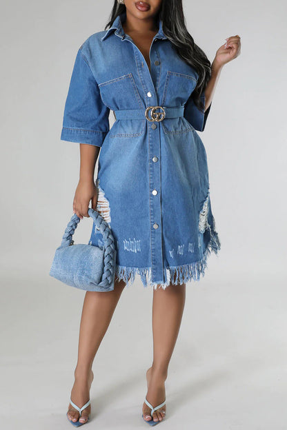 Street Solid Color Fringed Trim Ripped Pocket Buckle Patchwork Turndown Collar Three Quarter Loose Denim Dresses