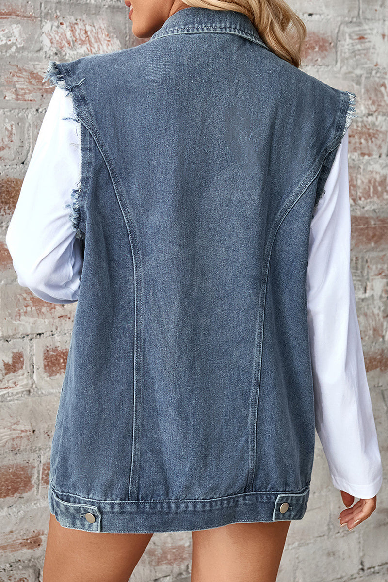 Casual Daily Solid Color Distressed Buttons Turndown Collar Sleeveless Loose Denim Jacket