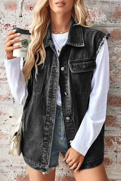 Casual Daily Solid Color Distressed Buttons Turndown Collar Sleeveless Loose Denim Jacket