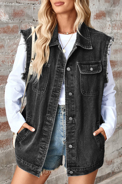 Casual Daily Solid Color Distressed Buttons Turndown Collar Sleeveless Loose Denim Jacket