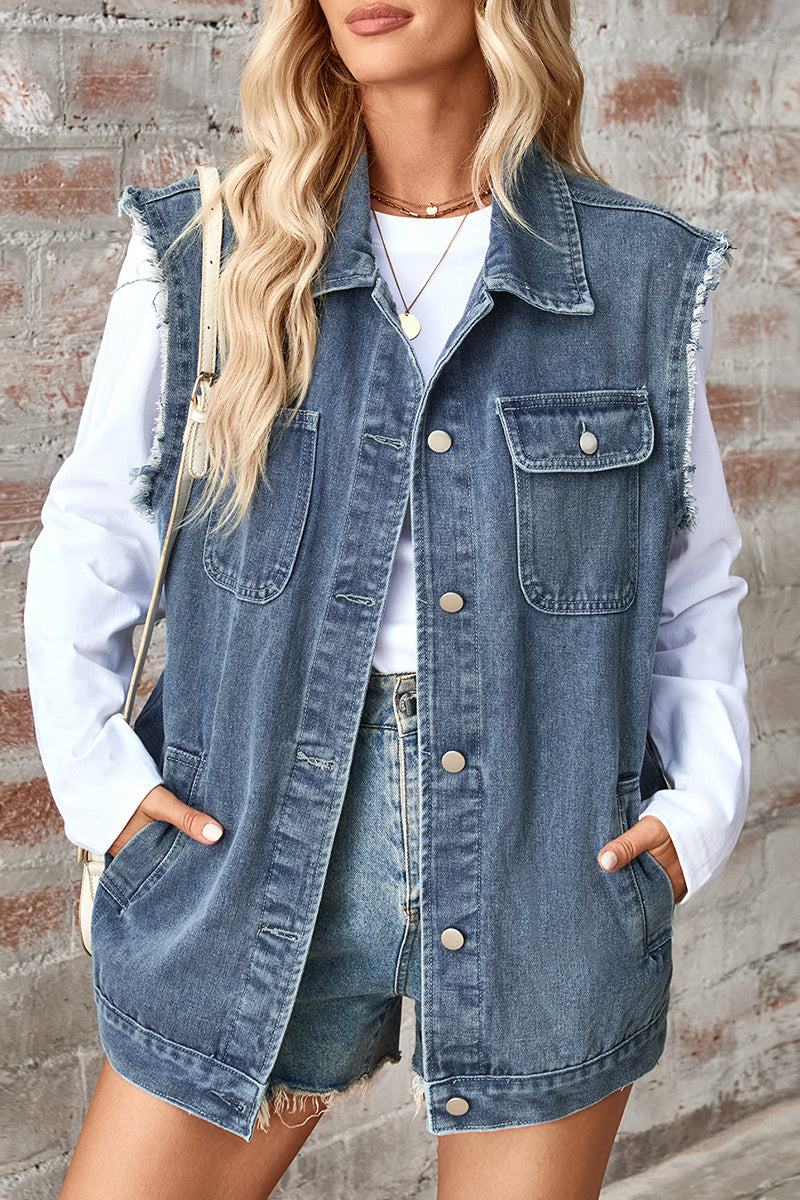 Casual Daily Solid Color Distressed Buttons Turndown Collar Sleeveless Loose Denim Jacket