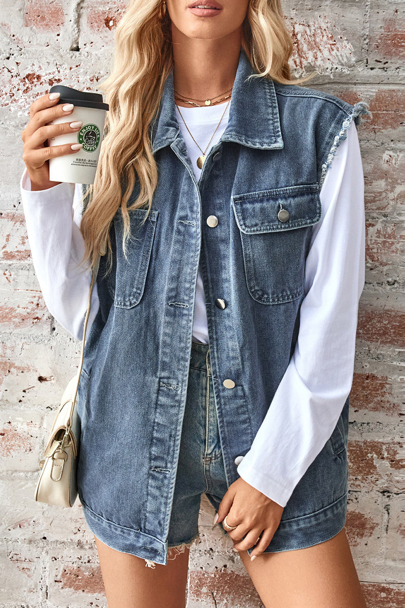 Casual Daily Solid Color Distressed Buttons Turndown Collar Sleeveless Loose Denim Jacket