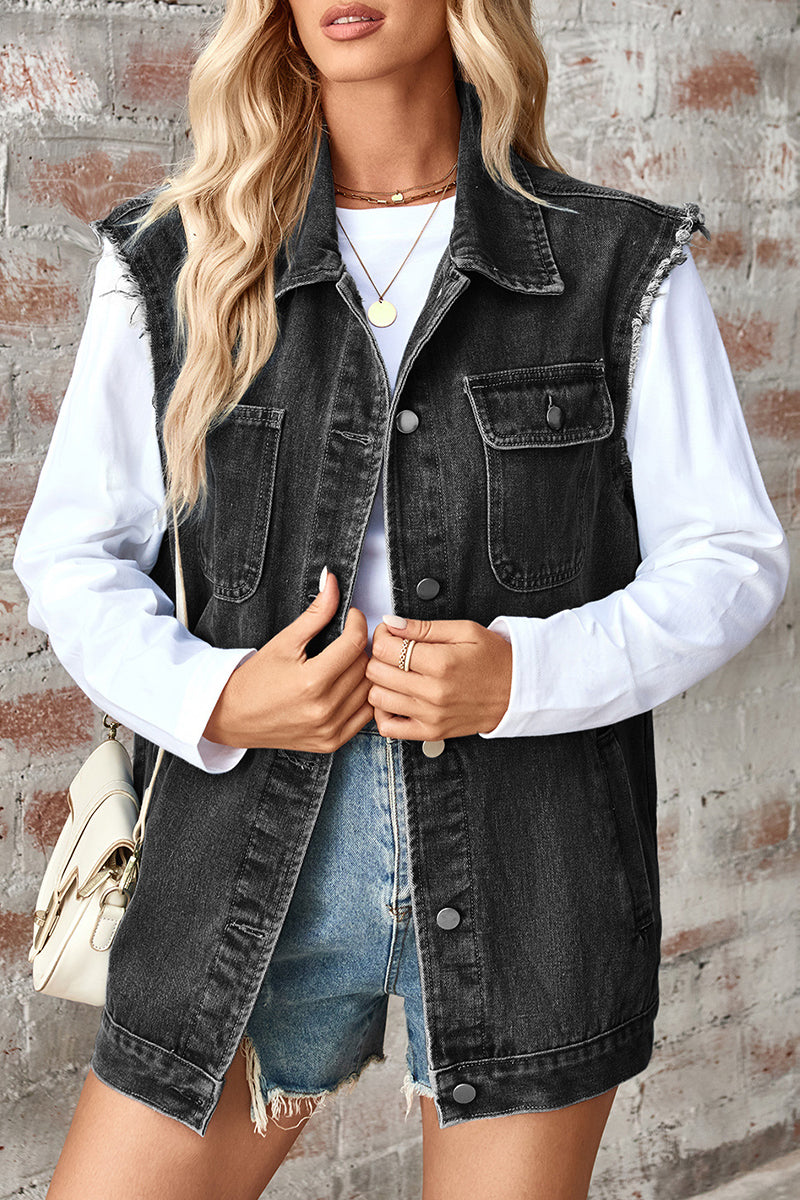 Casual Daily Solid Color Distressed Buttons Turndown Collar Sleeveless Loose Denim Jacket