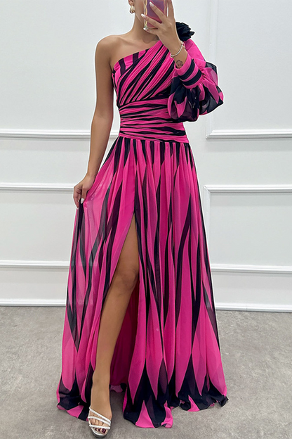 Sexy Prom Striped Print Slit Irregular Sloping Shoulder Evening Dresses