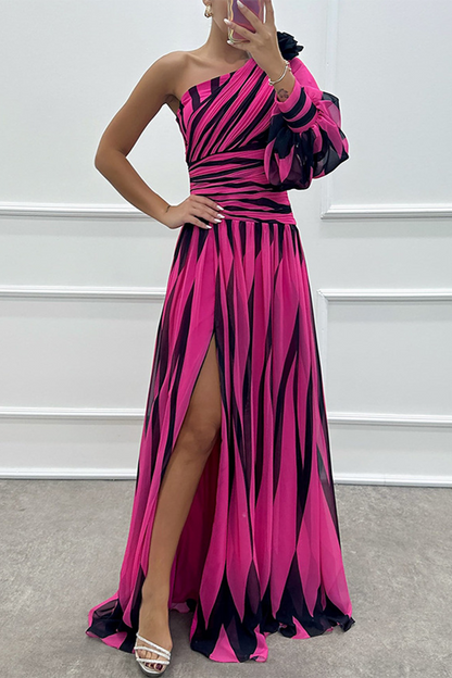 Sexy Prom Striped Print Slit Irregular Sloping Shoulder Evening Dresses