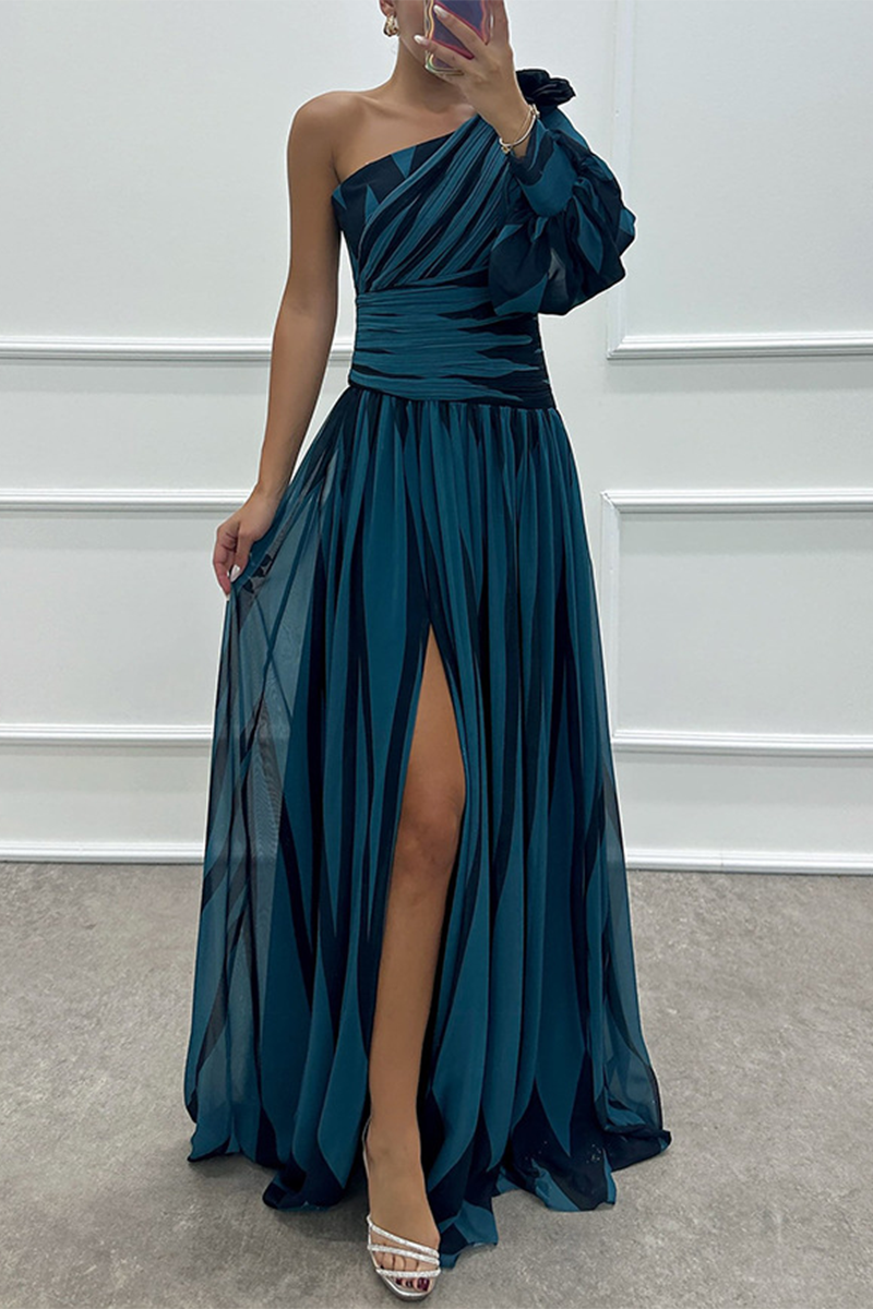 Sexy Prom Striped Print Slit Irregular Sloping Shoulder Evening Dresses