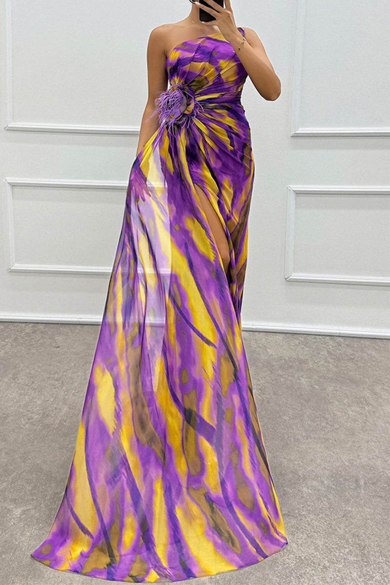 Sexy Prom Ombre Print Slit Irregular Contrast Sloping Shoulder Evening Dresses