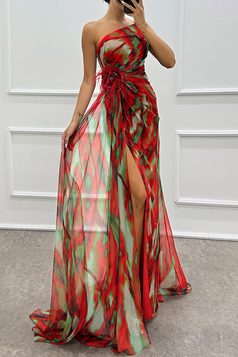 Sexy Prom Ombre Print Slit Irregular Contrast Sloping Shoulder Evening Dresses