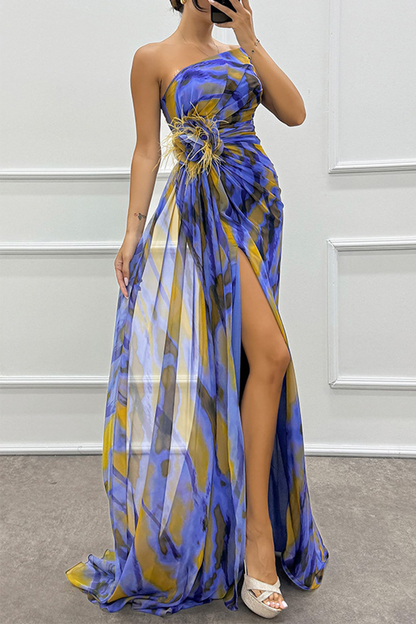 Sexy Prom Ombre Print Slit Irregular Contrast Sloping Shoulder Evening Dresses