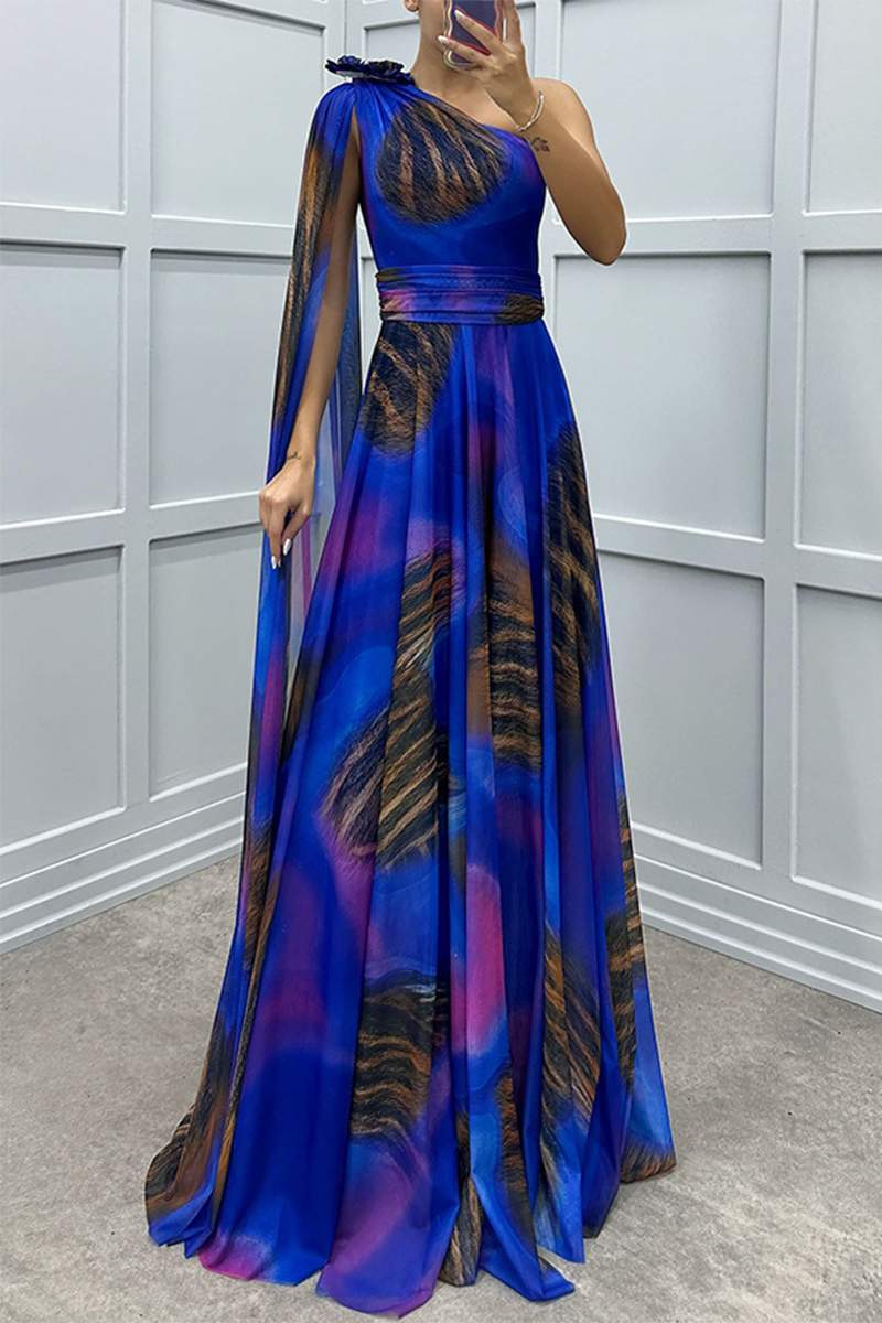 Prom Elegant Animal Print Irregular Contrast Sloping Shoulder Irregular Dresses