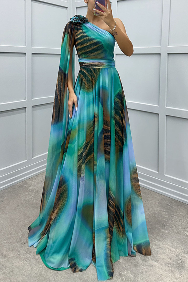 Prom Elegant Animal Print Irregular Contrast Sloping Shoulder Irregular Dresses