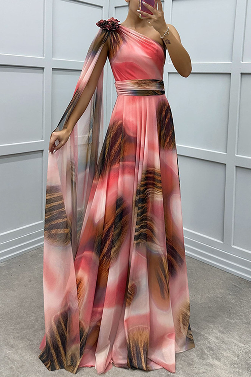 Prom Elegant Animal Print Irregular Contrast Sloping Shoulder Irregular Dresses