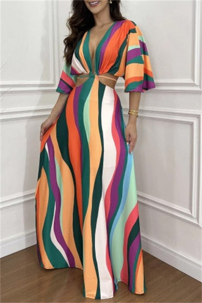 Casual Print Belted V Neck Long Dresses