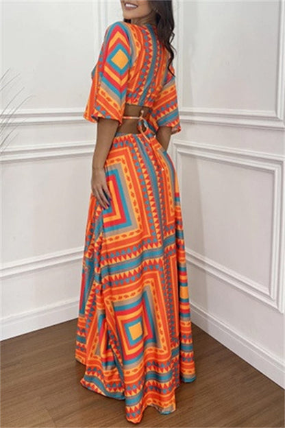 Casual Print Belted V Neck Long Dresses