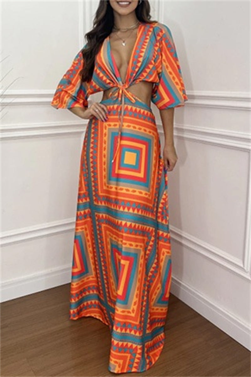 Casual Print Belted V Neck Long Dresses