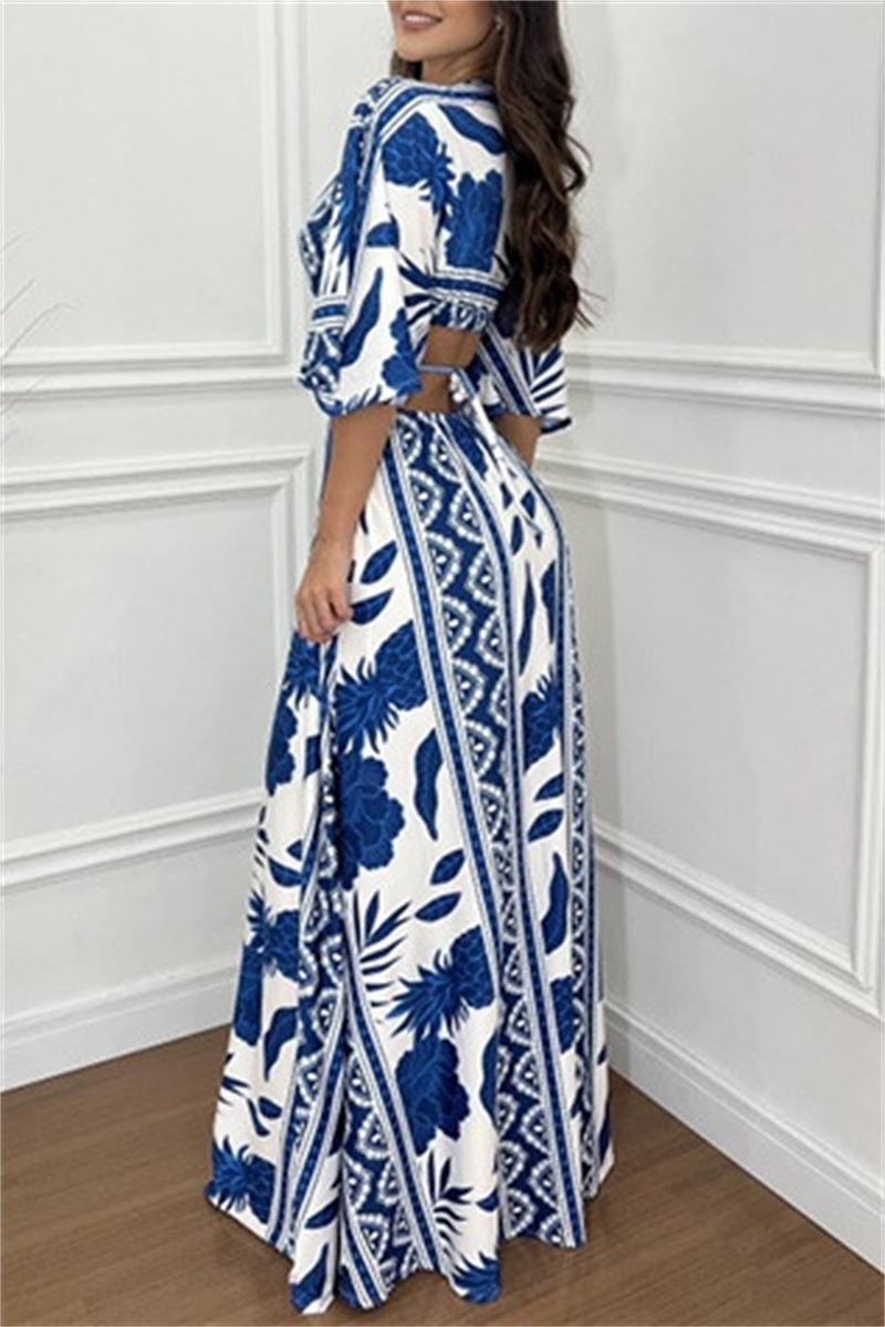 Casual Print Belted V Neck Long Dresses