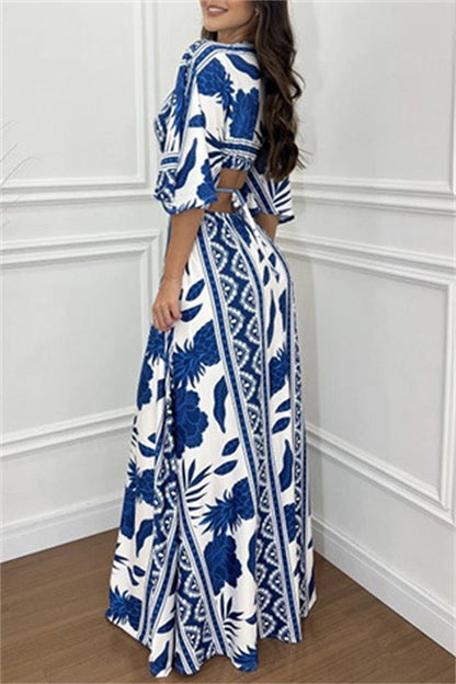 Casual Print Belted V Neck Long Dresses