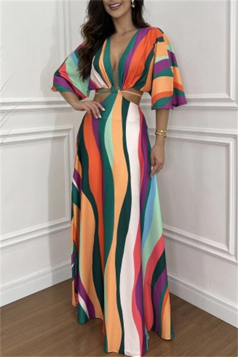 Casual Print Belted V Neck Long Dresses